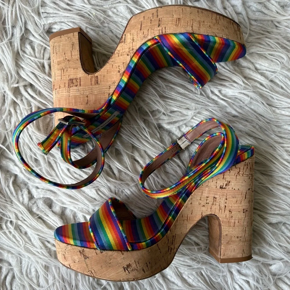 TABITHA SIMMONS Calla Rainbow Silk Ankle Strap Cork Wedge Platform Heel EUC 38.5